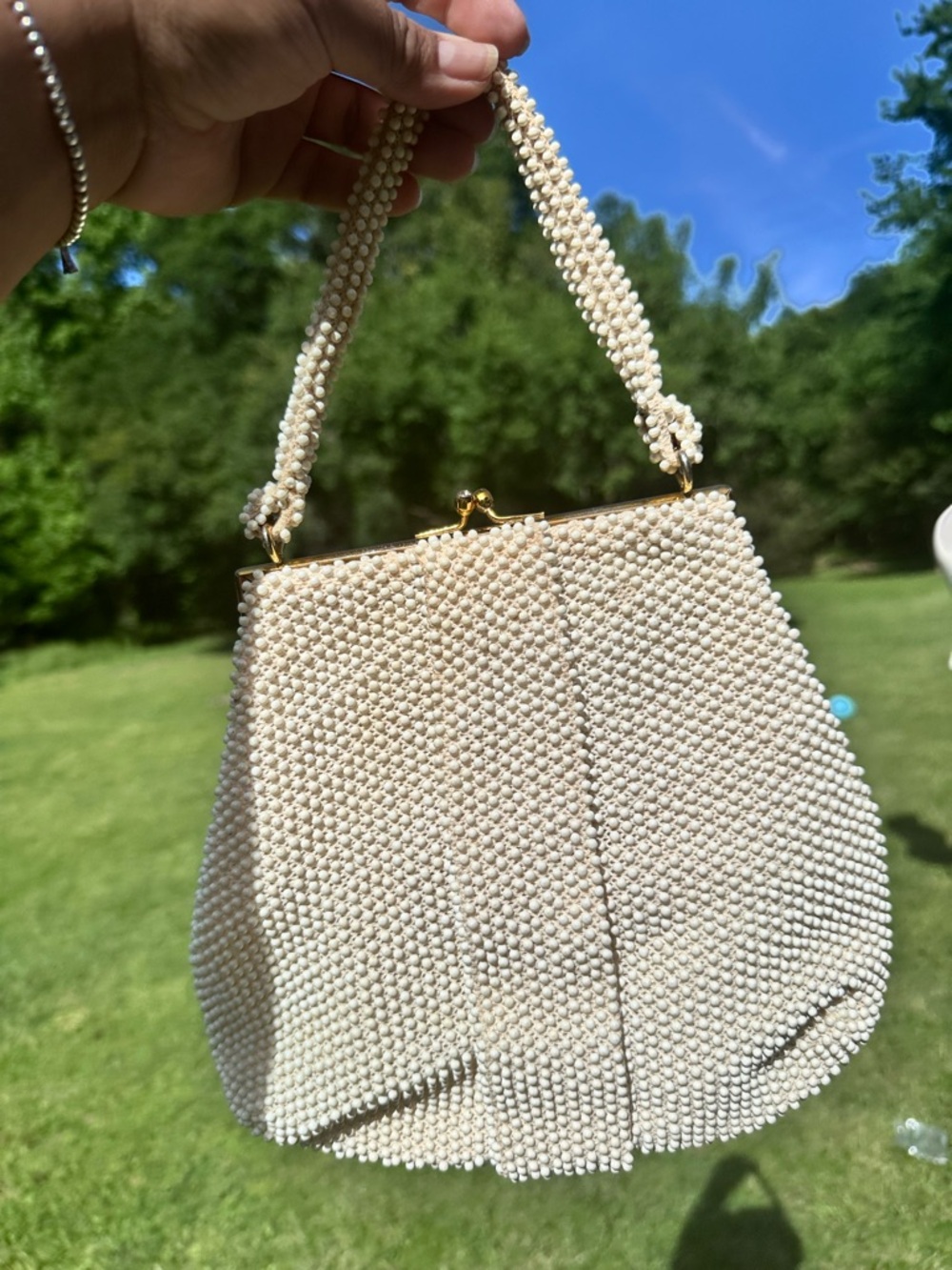 Vintage Corde Bead White Beaded Purse – Lumured Made in USA w/ Pearl Handle